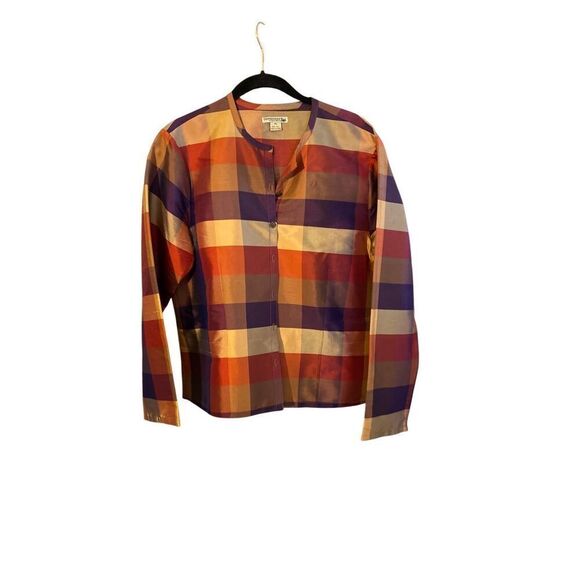 Democracy women’s 100% silk plaid button down top/petite March - Picture 1 of 4